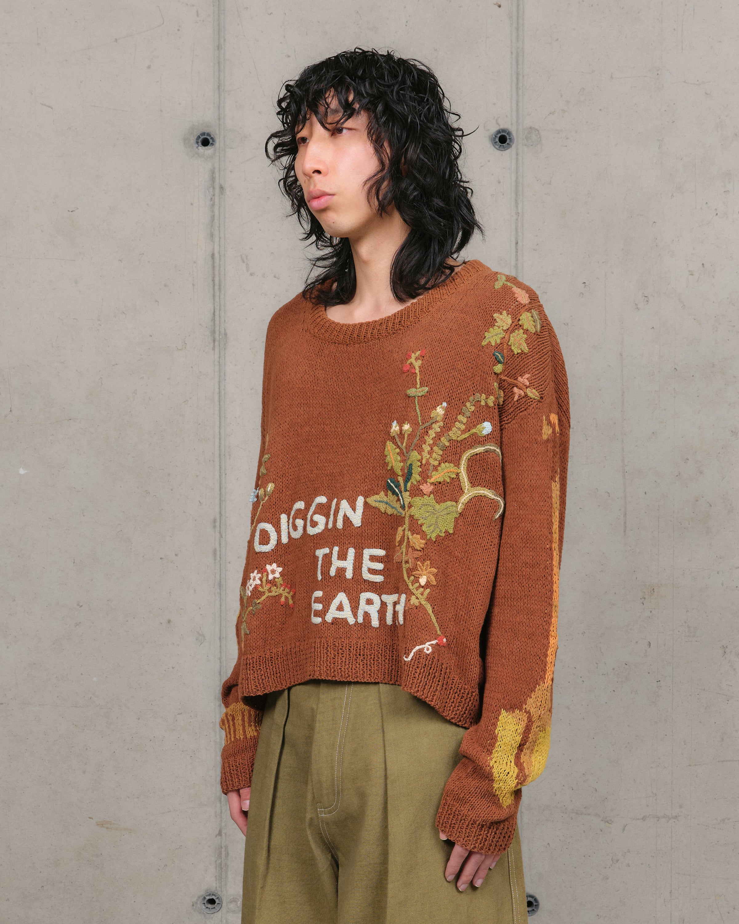 Story mfg コットンニット 手編み 総柄 オーガニックコットン M Bulb Knit Jumper - Brown Diggin' The Earth – Story mfg.