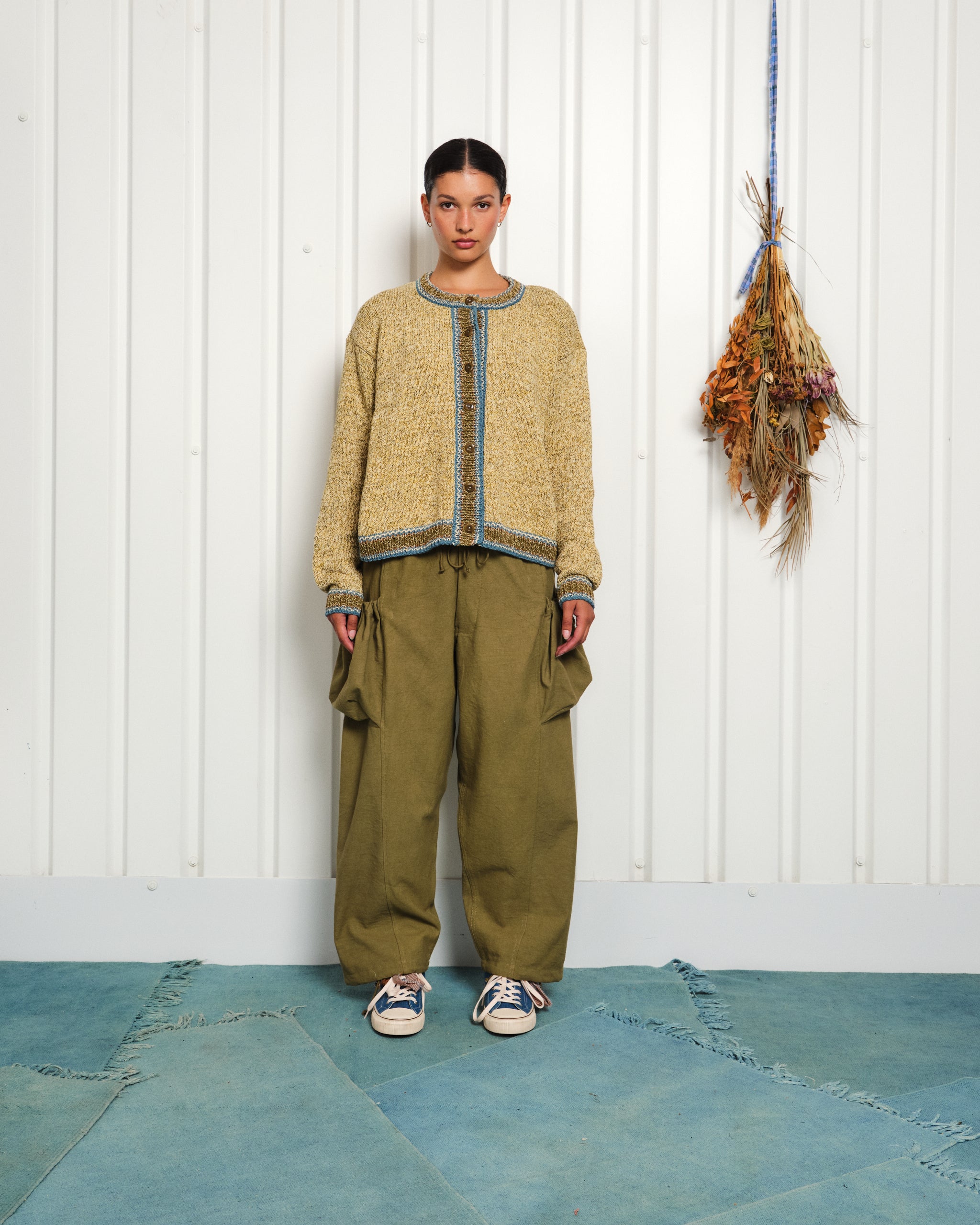 Story mfg コットンニット 手編み 総柄 オーガニックコットン M Root Knit Cardigan - Kelp – Story mfg.